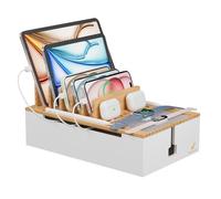 Pezin & Hulin Station de charge en bambou, organiseur d'appareils électroniques pour plusieurs appareils tels que téléphone portable, tablette, montre et plus encore, naturel + blanc (pas de chargeur