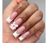 Pffiocix Lot de 24 faux ongles à presser avec bout français - Forme cercueil - 3D - Nœud à coller sur les ongles - Fournitures de manucure