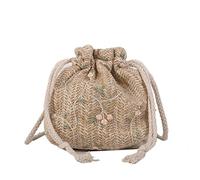 Pffiocix Petit sac seau tendance avec cordon de serrage en dentelle tissée paille Messenger Sac à main à bandoulière pour femme Motif floral, kaki, One Size