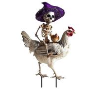 Pfjsseey Squelette de Poulet Halloween, Squelette Riding Rooster Halloween Decor 2D Metal Yard Sign avec enjeux