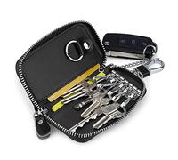 PFLYPF 1 pièce de porte-clés de voiture en cuir de vache, portefeuille à fermeture éclair de grande capacité avec crochet, porte-clés de style classique pour cartes bancaires, clés (noir), Noir , 50