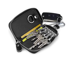 PFLYPF 1 pièce de porte-clés de voiture en cuir de vache, portefeuille à fermeture éclair de grande capacité avec crochet, porte-clés de style classique pour cartes bancaires, clés (noir), Noir , 50