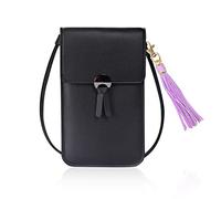 PFLYPF 1 porte-cartes et 1 pendentif pompon, sac messager tendance, sac à bandoulière rétro, sac pour téléphone à écran tactile, petit portefeuille, dames (noir)