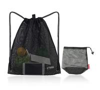 PFLYPF 1 sac à dos en maille avec cordon de serrage et 1 sac en maille avec cordon de serrage, sac à dos avec sangle réglable, sac de rangement en maille (noir), Noir , L