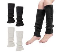 PFLYPF 2 paires de jambières à tricoter d'hiver, chaussettes de jambe en laine d'automne et d'hiver, gants de jambe élastiques noirs et blancs, bas de 40 cm, adaptés à l'automne et à l'hiver.