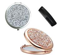 PFLYPF 2 pièces de Miroir Rond Double Face, avec 1 Peigne en Plastique, Miroir de Maquillage Diamant Cristal, Miroir de Poche Portable, Miroir Pliant à Bouton-Pression, Miroir de courtoisie de Voyage