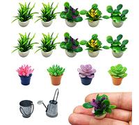 PFLYPF Lot de 14 mini pots de fleurs artificiels - Décoration d'intérieur de jardin en pot vert - 1:12 - Avec 1 arrosoir et un seau