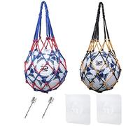 PFLYPF Lot de 2 sacs en filet tressé pour ballon, avec 2 aiguilles de pompe à ballon et 2 crochets, sac en corde tressée portable pour ballon, grand sac de tennis en corde