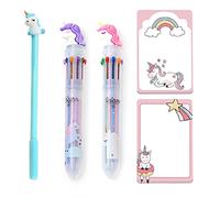 PFLYPF Lot de 3 stylos à bille dix couleurs, 2 notes autocollantes, rétractables, stylos multicolores multifonctions, stylo à bille de dessin animé, cadeau pour étudiant