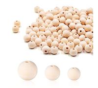 PFLYPF Lot de 600 perles rondes en bois naturel avec trous, bracelets de bricolage, colliers de bijoux, décorations de maison et de fête (8 mm, 10 mm, 12 mm)