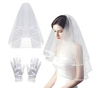 PFLYPF Un voile blanc 80 cm + une paire de gants courts en satin blanc, banquet photo à thème de mariage, voile de mariée et peigne court voile en satin, Weiß