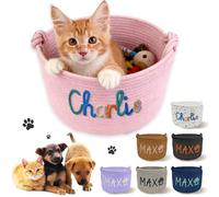 PFTPOW Panier à jouets personnalisé pour chien et chat, panier de rangement en corde de coton personnalisé avec nom pour fournitures pour animaux de compagnie, organisateur personnalisé pour chiot