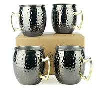 PG Lot de 4 mugs Moscow Mule en acier inoxydable - Finition alvéolée - Poignée en laiton - Noir