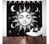 Pggong Boho Soleil et Lune Double Rideaux Occultant Ciel étoilé Mystique Corps Céleste Abstrait Rideau Opaque à Oeillets Rideaux Thermique Anti Chaleur Lot de 2 Isolant UV 70x225 cm Chambre Salon