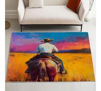 Pggong Cowboy Western Cheval Tapis Garcon, Peinture à l'huile Vintage Paillasson 80x120 cm, Tapis Champ De Blé Doux à Poils Courts, Antidérapant, Lavable en Machine, pour Le Chambre à Coucher