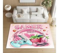 Pggong Gamepad Gamer écouteurs Tapis 120x160 cm, Console Coeur Rose Paillasson Doux à Poils Courts, Motif Fraise Dessin Animé Tapis Lavable en Machine, Antidérapant, pour Le Salon, Chambre à Coucher