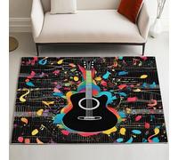 Pggong Guitare électrique Tapis Enfant, Notes de Musique, Noir avec notes musicales blanches, 60x90 cm, Antidérapant, Lavable en Machine