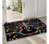 Pggong Guitare électrique Tapis Enfant, Notes de Musique, Noir avec notes musicales blanches, 60x90 cm, Antidérapant, Lavable en Machine