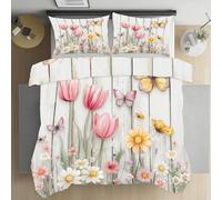Pggong Housse de Couette 140x200 Fleur de Tulipe Marguerite Papillon Douce et Respirante, Insecte Floral Grain de Bois Parure de Lit avec Fermeture Éclair, 2 Taies d'oreiller 65x65cm