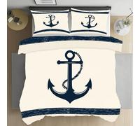 Pggong Housse de Couette Ancre Rayures Maritime Parure de Lit 240x260 Adulte, Douce et Respirante, Nautique Thème Océan Simple Housse de Couette avec 2 Taies d'oreiller 65x65cm