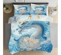Pggong Housse de Couette Dragon Lotus Vagues Parure de Lit 200x200 avec 2 Taies d'oreiller 65x65cm, Housse de Couette Chinois Myth Fantastique Animaux Douce et Respirante