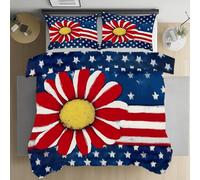 Pggong Housse de Couette Drapeau Américain Tournesol Housse de Couette 220x240 Fermeture Éclair, Floral Rayures Étoiles Parure de Lit avec 2 Taies d'oreiller Douce et Respirante