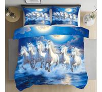 Pggong Housse de Couette Vagues Océan Cheval au Galop Parure de Lit 200x200 avec 2 Taies d'oreiller 65x65cm, Housse de Couette Animaux Botanique Prairie Douce et Respirante