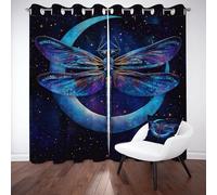 Pggong Libellule Or Insecte Luxe Double Rideaux Occultant Ciel étoilé Lune Aquarelle Mystique Rideau Opaque à Oeillets Rideaux Thermique Anti Chaleur Lot de 2 Isolant UV 70x225 cm Chambre Salon