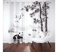 Pggong Panda Grue Canard Noir et Blanc Double Rideaux Occultant Animal Peinture à l'encre Oriental Rideau Opaque à Oeillets Rideaux Thermique Anti Chaleur Lot de 2 Isolant UV 70x225 cm Chambre Salon