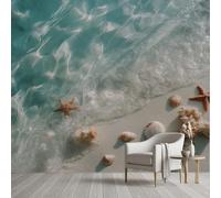 Pggong Papier Peint Auto-Adhésif étoile de Mer Coquille Plage Papier Peint Panoramique Eau de Mer Vie Marine Paysage Océan Wallpaper Autocollant Film Meuble Décoration Murale Salon Chambre 400x280 cm
