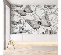 Pggong Papier Peint Auto-Adhésif Motif Papillon Insecte Gothique Papier Peint Panoramique Noir et Blanc Illustration Wallpaper Autocollant Film Meuble Décoration Murale Salon Chambre 400x280 cm