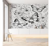 Pggong Papier Peint Auto-Adhésif Motif Papillon Insecte Gothique Papier Peint Panoramique Noir et Blanc Illustration Wallpaper Autocollant Film Meuble Décoration Murale Salon Chambre Bureau 400x280cm