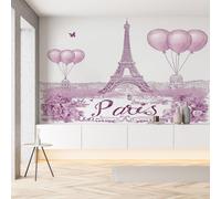 Pggong Papier Peint Autocollant Tour Eiffel Paris Romantique Papier Auto-Adhésif Paysage Urbain Ballon Fleur Plante Wallpaper Panoramique Mural Murale pour Meuble Salon Chambre Bureau 200x150 cm