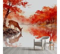 Pggong Papier Peint Feuille d'érable Forêt Automne Papier Peint Panoramique Paysage Naturel Cerf Sika Poster Panoramique pour Salon Chambre à Coucher Maison Décoration 400x280 cm
