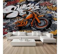 Pggong Papier Peint Graffiti Coloré Street Culture Papier Peint Moto-Cross Grunge Mur de Briques Garçon Tapisserie Panoramique Poster pour Salon Chambre à Coucher Maison Décoration 350x256 cm