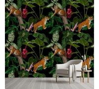 Pggong Papier Peint Panoramique Tigre Monstera Feuille Vert Papier Peint Motif Animaux Sauvages Tropical Poster Tapisserie Mural Film Adhesif Meuble pour Chambre Décoration Murale 100x100 cm