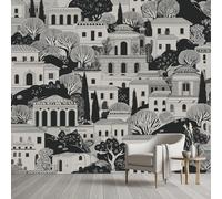 Pggong Papier Peint Paysage urbain ancien Bâtiments maisons vintage Papier Peint Auto-Adhésif Noir et Blanc Poster Panoramique pour Salon Chambre à Coucher Maison Décoration 400x280 cm