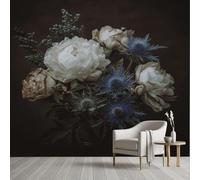 Pggong Papier Peint Pivoines chardon Botanique florale élégante Papier Peint Blanc Bleu foncé Tapisserie Panoramique Poster pour Salon Chambre à Coucher Maison Décoration 350x256 cm