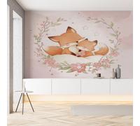 Pggong Papier Peint Soie 3D Renard Fleur Plante Dessin Animé Papier Peint Motif Animaux Mignon Floral Wallpaper Autocollant Adhesif Mural Film Décoration Murale pour Salon Chambre Bureau 250x175 cm
