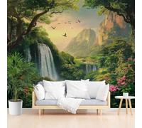 Pggong Papier Peint Soie Paysage Naturel Cascade Papier Peint Auto-Adhésif Arbre Forêt Jungle Montagnes Autocollant Mural, Film Meuble Décoration Murale 3D Cuisine Salle de Bains 100x70 cm