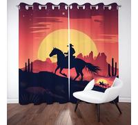 Pggong Rideau Salon Cowboy Ouest Cheval au Galop Rideaux Occultant Thermique Coucher de Soleil Cactus Désert Lot de 2 Rideaux Opaque à Oeillets 117x228 cm Anti Froid et Chaleur pour Balcon Chambre