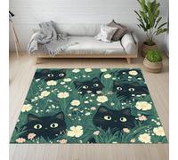 Pggong Tapis 140x200cm Chat Noir Mignon Marguerite Tapis Antidérapant Fleurs Sauvages Animal Dessin Animé Paillasson Doux Lavable à Poils Courts pour Salon Chambre Enfant Bureau