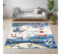 Pggong Tapis Antidérapant Ancre Phare Nautique Maritime Paillasson Lavable Océan Voilier Palmier Grain de Bois Grand Tapis 200x200 cm Doux à Poils Courts pour Salon Chambre à Coucher Bureau