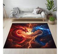 Pggong Tapis Chambre Dragon Bleu Rouge Foudre Flamme Tapis D'entrée Intérieur Animaux Fantastique Myth Oriental Paillasson Antidérapant Lavable Doux Poils Ras 80x120cm pour Salon Bureau