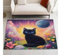 Pggong Tapis Chat Noir de Mignon 140x200 cm, Antidérapant, Fleur Botanique Ciel étoilé Paillasson Doux à Poils Courts, Tapis Planète Star Univers Lavable, pour Le Salon, Chambre à Coucher