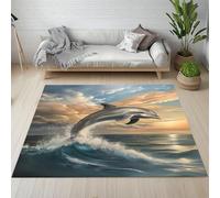 Pggong Tapis Enfant, Dauphin Animaux Marins Vagues Océan Tapis Paysage Coucher de Soleil Doux à Poils Courts 60x90cm, Lavable, Antidérapant, pour Le Chambre à Coucher