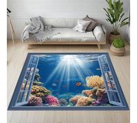 Pggong Tapis Enfant, Monde sous-Marin Rayons de Soleil Marine Tapis Poisson Corail Tropical Doux à Poils Courts 60x90cm, Lavable, Antidérapant, pour Le Chambre à Coucher