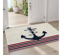 Pggong Tapis Motif Ancre Rayures Maritime Thème Océan Tapis Doux Nautique Rayures Bleu Rouge Paillasson D'entrée Intérieur Lavable en Machine Poils Ras Antidérapant 40x60 cm pour Cuisine