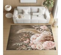 Pggong Tapis Rose Fleur Lavable Interieur, Tapis Pétale Floral Pastoral Antidérapant, Paillasson Botanique Naturel Vintage Doux Poils Ras, pour Le Salon, Chambre à Coucher, 160x200 cm
