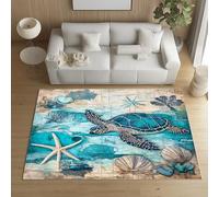 Pggong Tapis Tortue de Mer étoile de Mer Coquille Carte du Monde 120x160cm, Paillasson Monde sous-Marin Maritime Vintage Poils Ras Doux, Lavable, Antidérapant, pour Le Salon, Chambre à Coucher